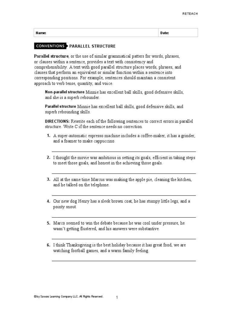 Parallel Structure Worksheet | PDF | Sentence (Linguistics) | Linguistics