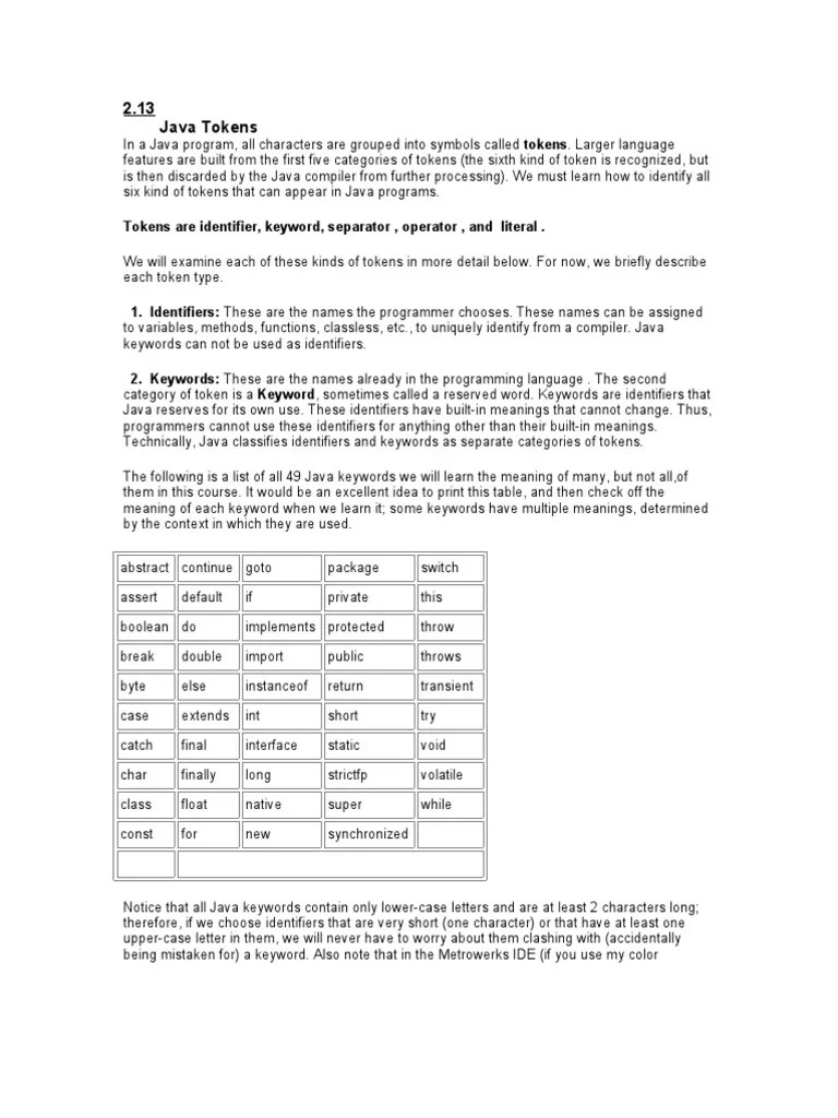 2.13 Java Tokens: Tokens Are Identifier, Keyword, Separator, Operator, And Literal | PDF ...