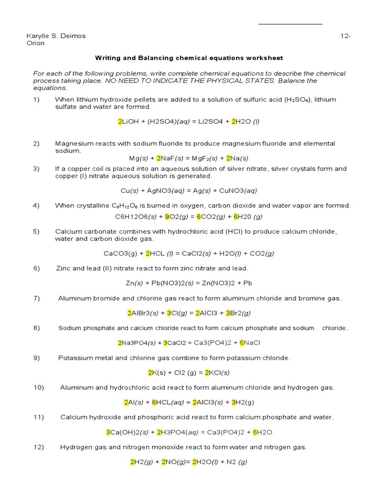 Writing and balancing chemical equations worksheet