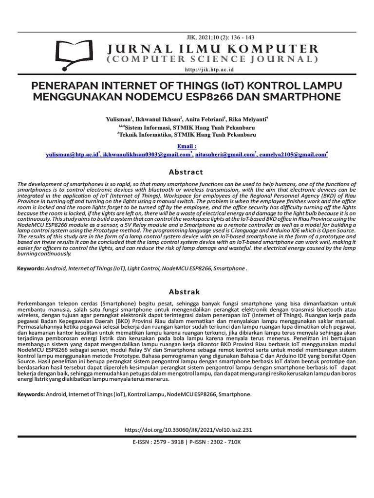 Penerapan Internet Of Things (IoT) Kontrol Lampu Menggunakan NodeMCU ESP8266 Dan Smartphone ...