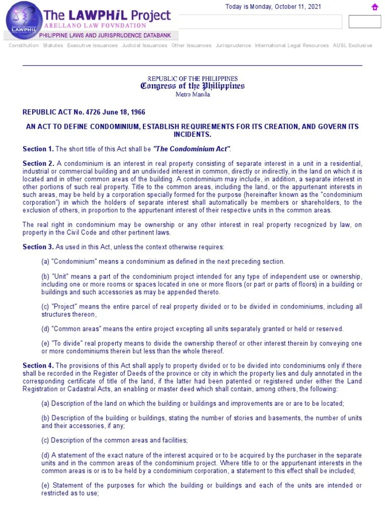 Republic Act No. 4726 (Condominium Act) | PDF | Condominium | Corporations