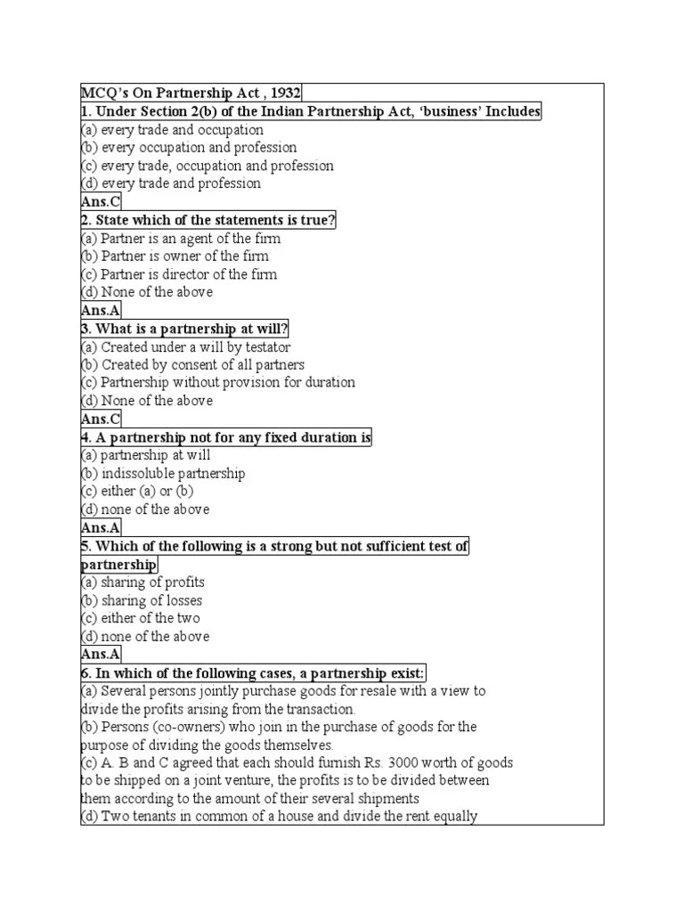 MCQ's On Partnership Act, 1932 | PDF | Partnership | Legal Liability