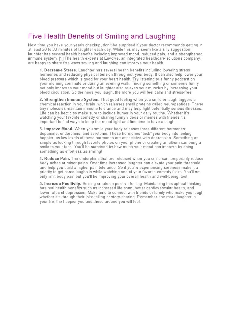 Five Health Benefits Of Smiling And Laughing | PDF | Laughter | Pain