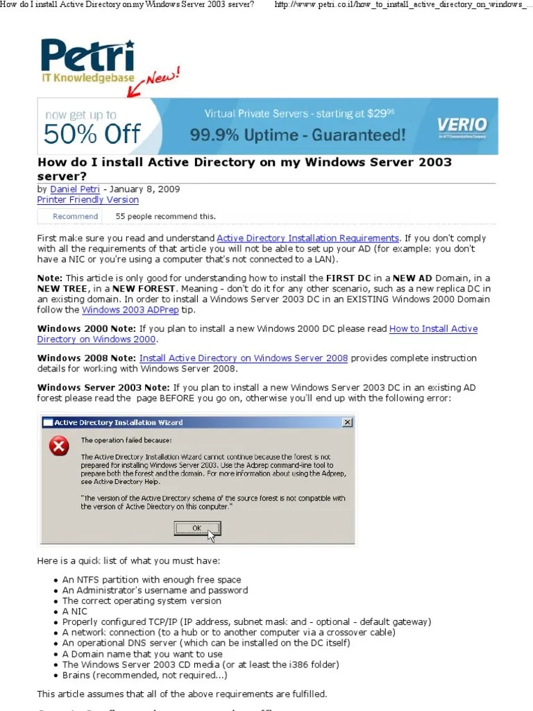 How Do I Install Active Directory On My Windows Server 2003 Server ...