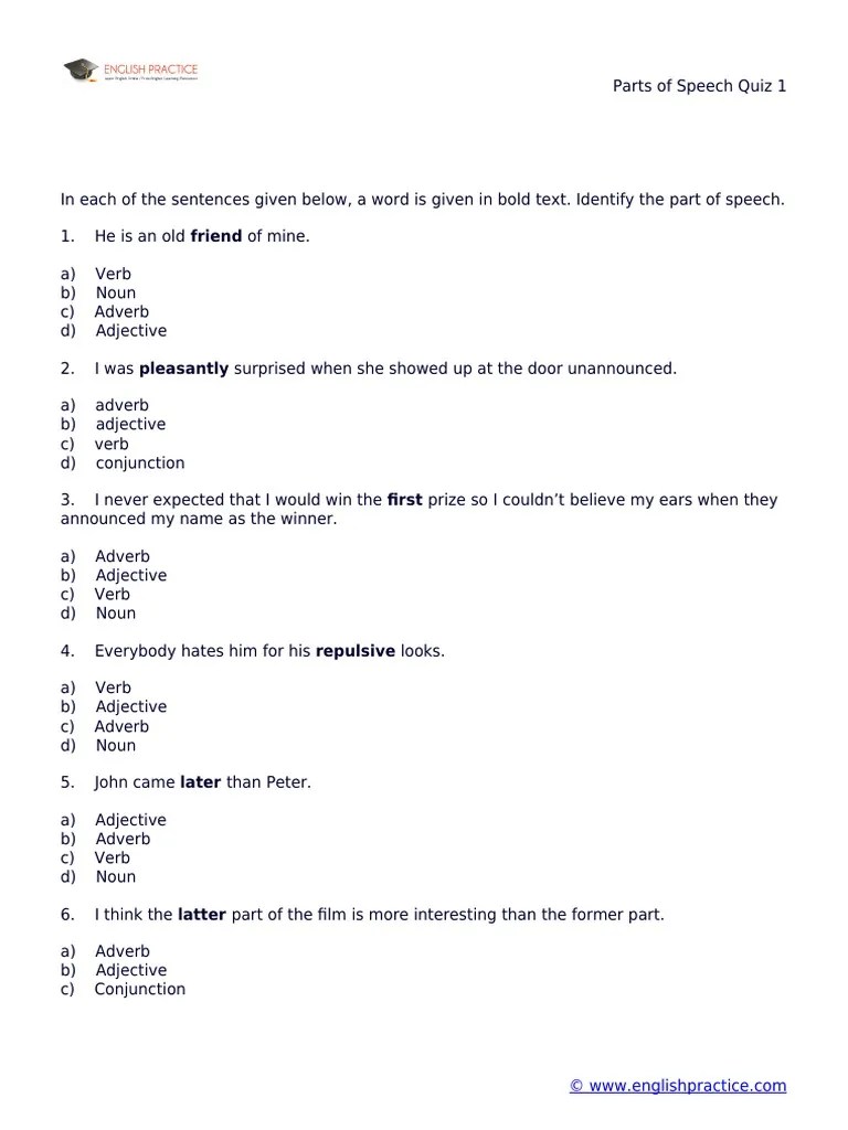 Parts Of Speech Quiz 1 | PDF | Adverb | Part Of Speech