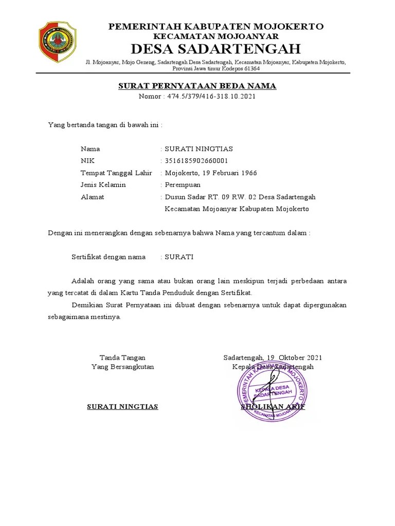 Surat Pernyataan Beda Nama | PDF