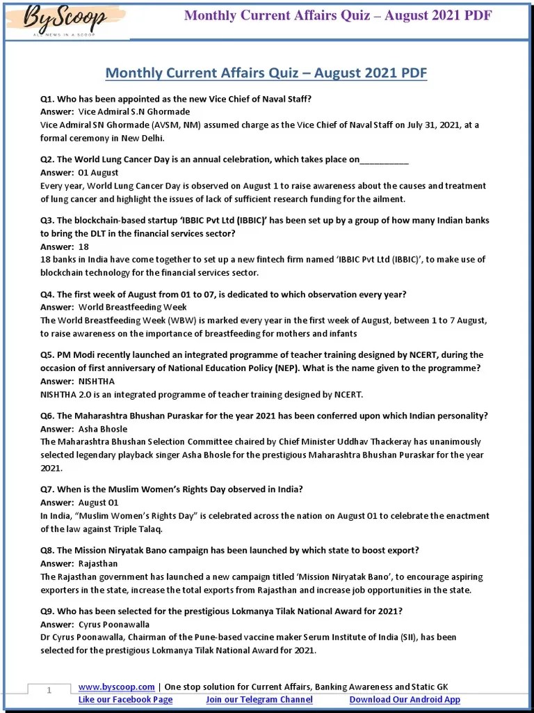 Current Affairs Questions And Answers August 2021 | PDF | Reserve Bank ...