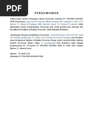 Dan utang perseroan, pengumuman melalui surat kabar dan berita negara . Draft Iklan Koran Pt Bubar Pdf