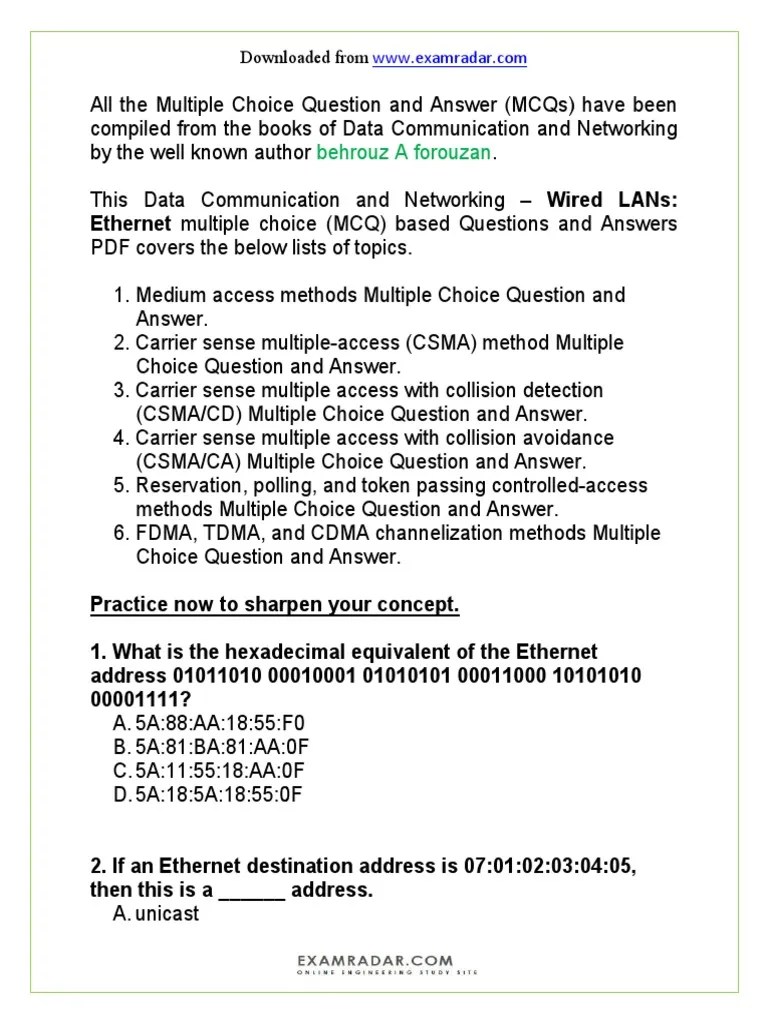 CH 13 Wired LANs Ethernet Multiple Choice Questions Ans Answers MCQ PDF ...