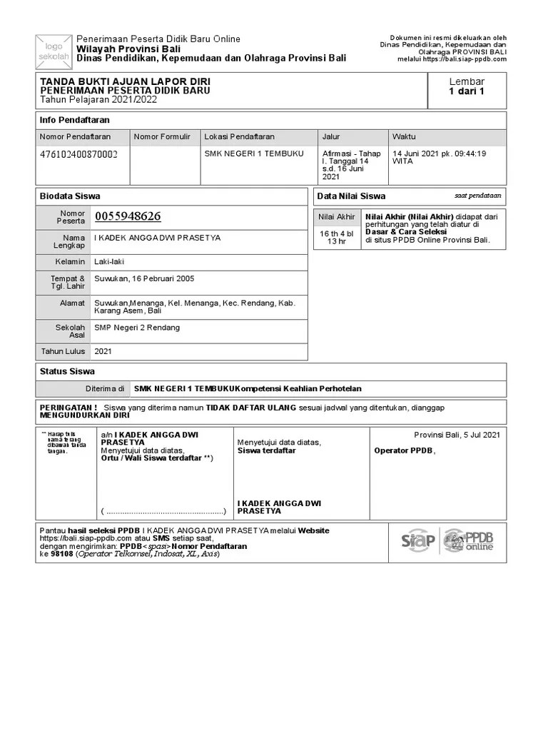 Tanda Bukti Ajuan Lapor Diri: 0055948626 - I Kadek Angga Dwi Prasetya | PDF