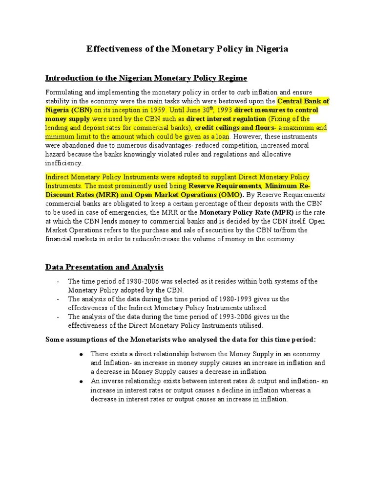 Effectiveness Of The Monetary Policy In Nigeria | PDF | Monetary Policy | Inflation