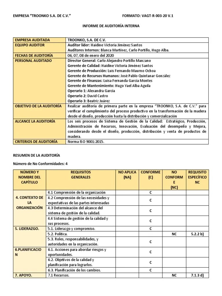 Informe De Auditoria Interna | PDF | Calidad (comercial) | Auditoría