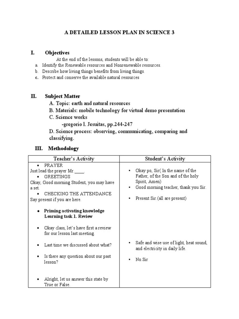 A Detailed Lesson Plan In Science 3 | PDF | Renewable Resources | Science