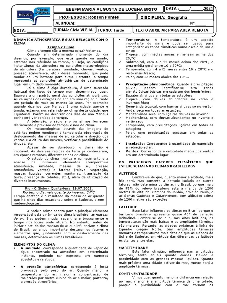 Atividade - 1 Série - Geografia - Semana 07 - MALB | PDF | Clima | Clima