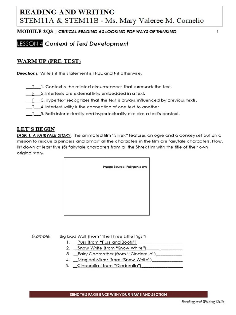 Lesson 4 Context Of Text Development ACTIVITIES | PDF