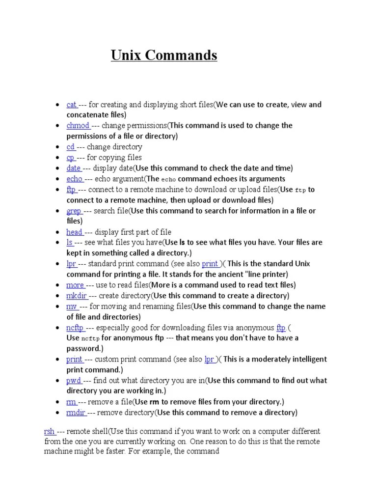 Unix Commands: Cat Chmod CD CP Date Echo FTP Grep Head Ls LPR Print ...