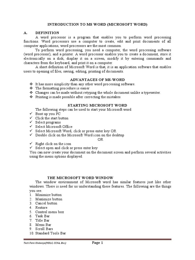 Introduction To MS Word | PDF | Word Processor | Microsoft Word