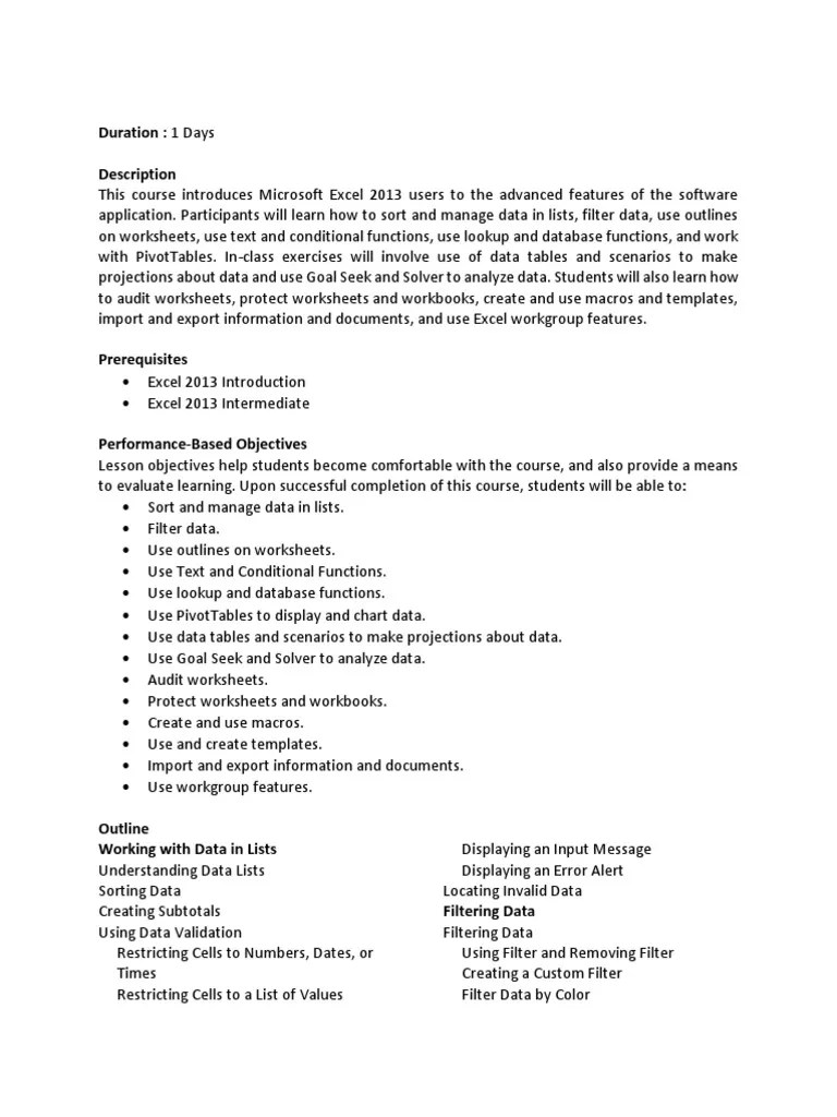 Syllabus Excel 2013 Advance | PDF | Microsoft Excel | Worksheet
