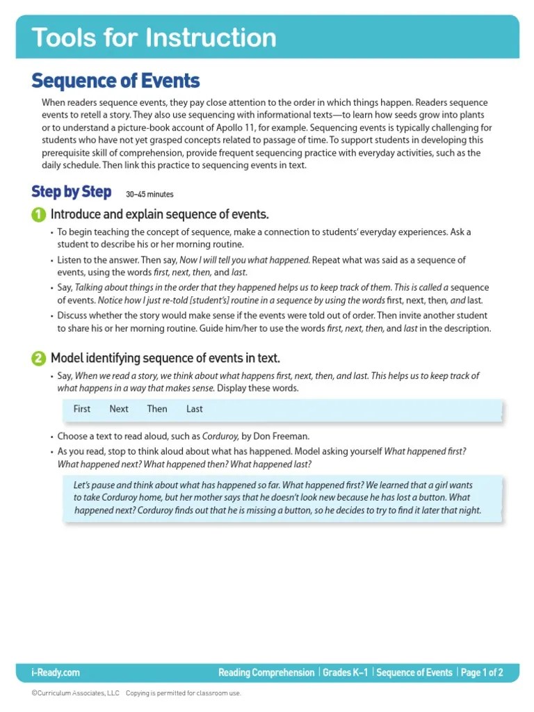 K-1 Teacher Led Sequence Of Events | PDF | Reading Comprehension ...