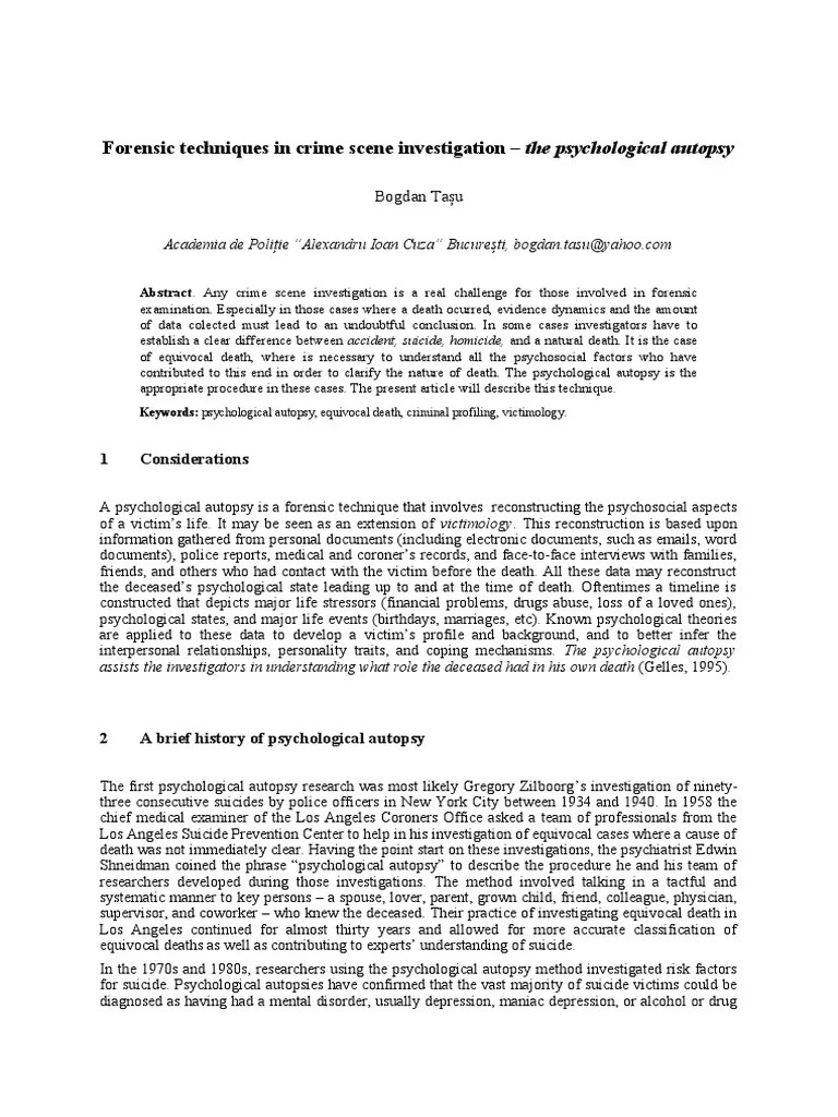 Forensic Techniques In Crime Scene Investigation - The Psychological Autopsy | PDF | Offender ...