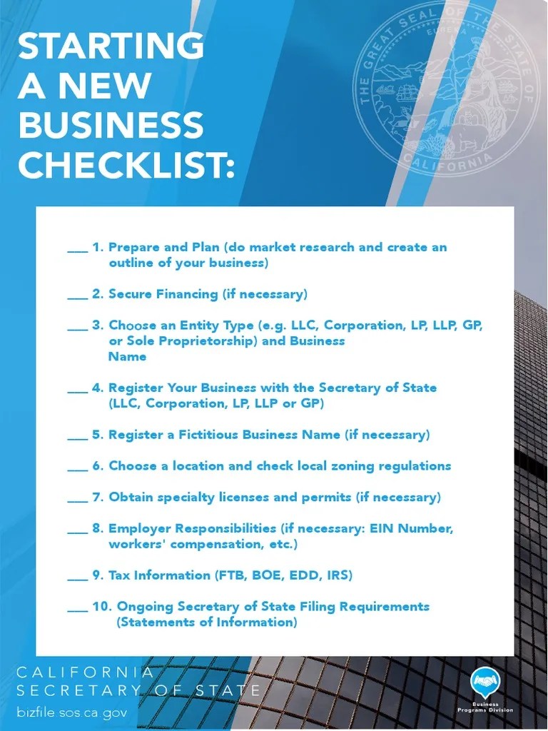 Starting A New Business Checklist:: Bizfile - Sos.ca - Gov | PDF