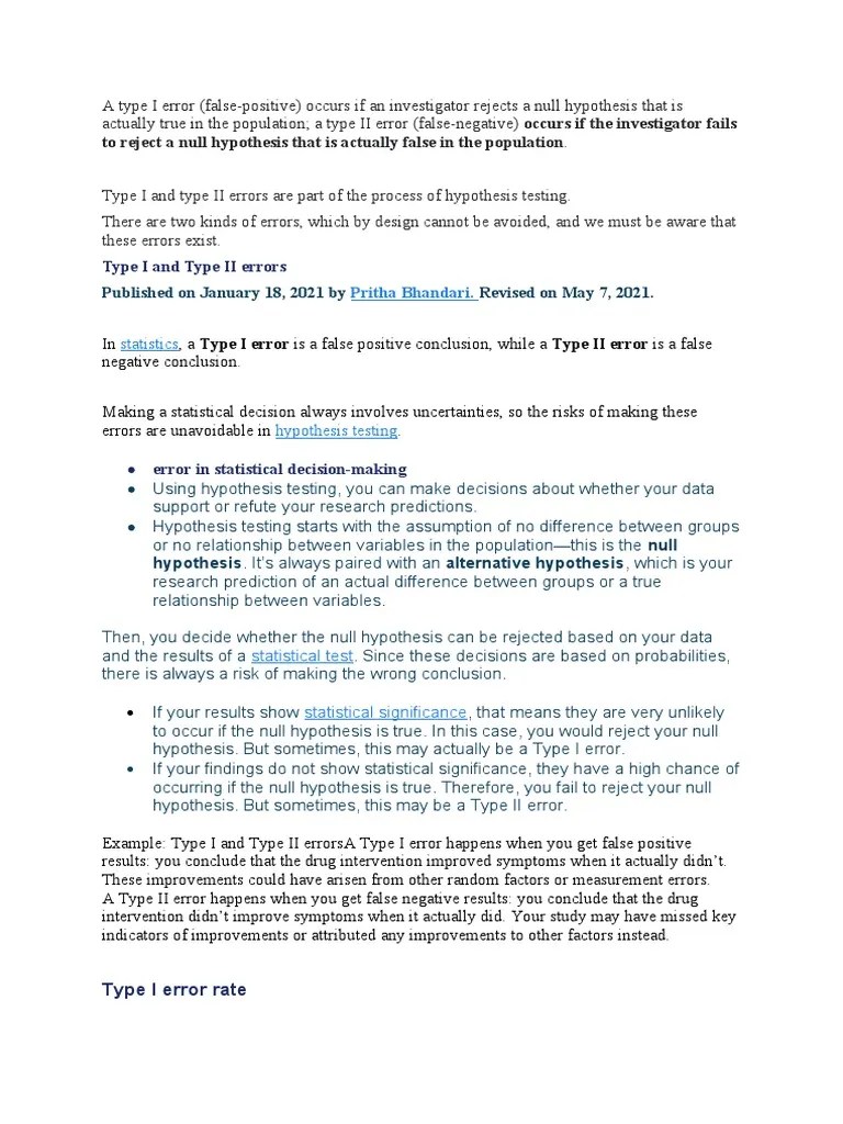 Type I And Type II Errors | PDF | Type I And Type Ii Errors ...