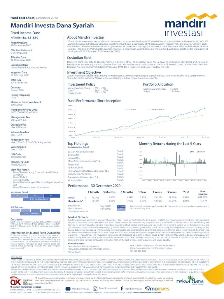 Factsheet - Mandiri Investa Dana Syariah | Download Free PDF | Bonds (Finance) | Indonesian Rupiah
