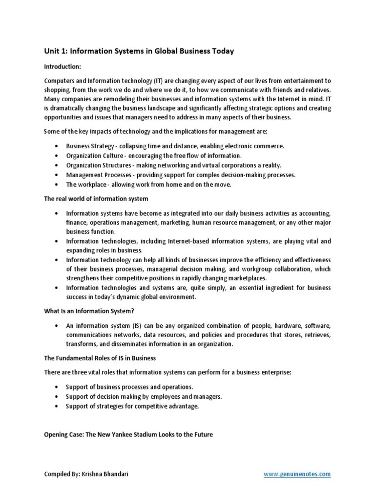 Unit 1 Information Systems In Global Business Today 1 | PDF | Information System | System
