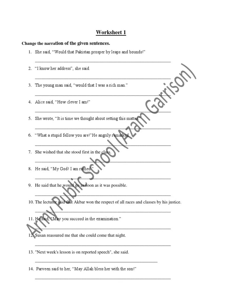 Worksheet Of Direct And Indirect Narration | PDF