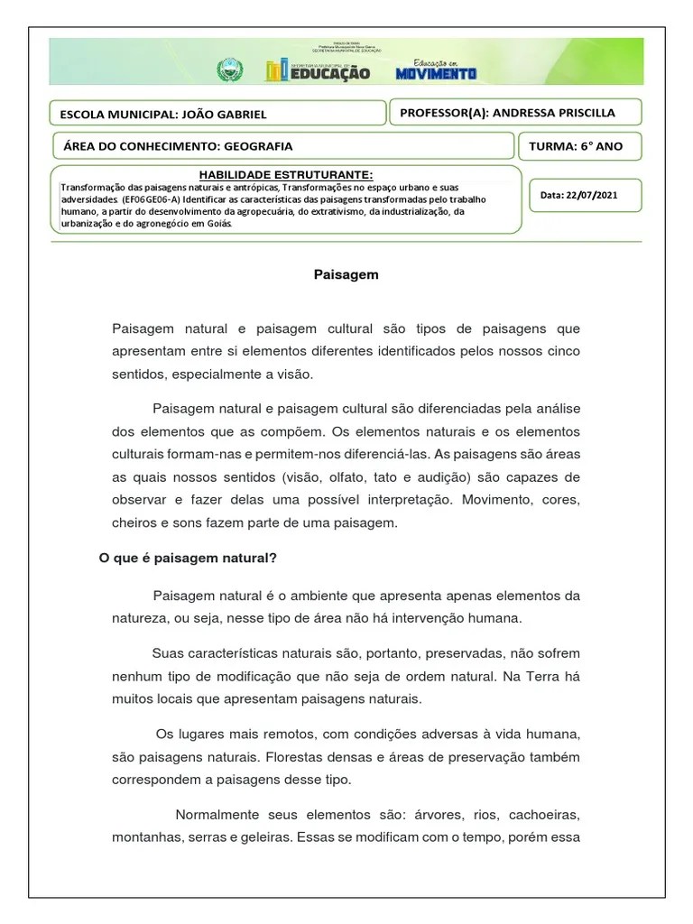 GEOGRAFIA 6o ANO (Paisagem) 22 07 | PDF | Paisagem | Ambiente Natural