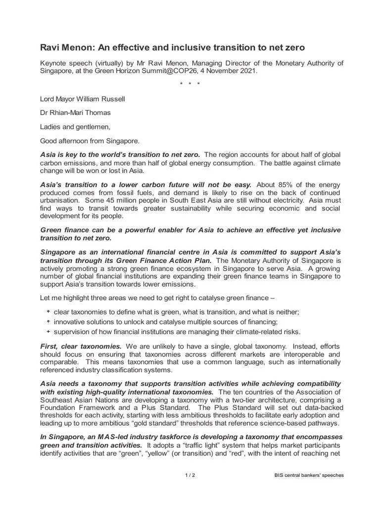 An Effective And Inclusive Transition To Net Zero By Ravi Menon | PDF | Sustainability | Low ...