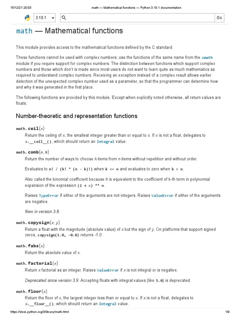 Math - Mathematical Functions - Python 3.10.1 Documentation | PDF ...