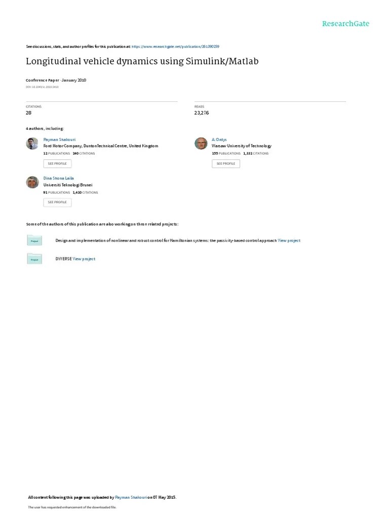 Longitudinal Vehicle Dynamics Using Simulink/Matlab: January 2010 ...