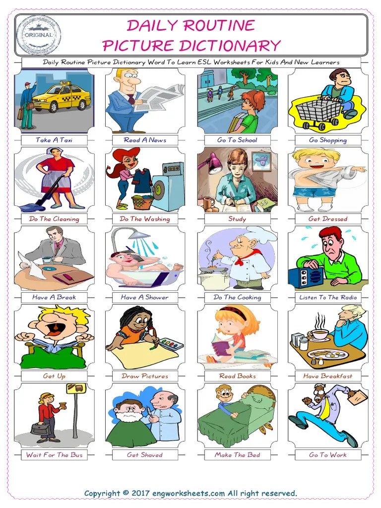 Daily Routine Picture Dictionary Word To Learn ESL Worksheets For Kids And New Learners 7889 | PDF