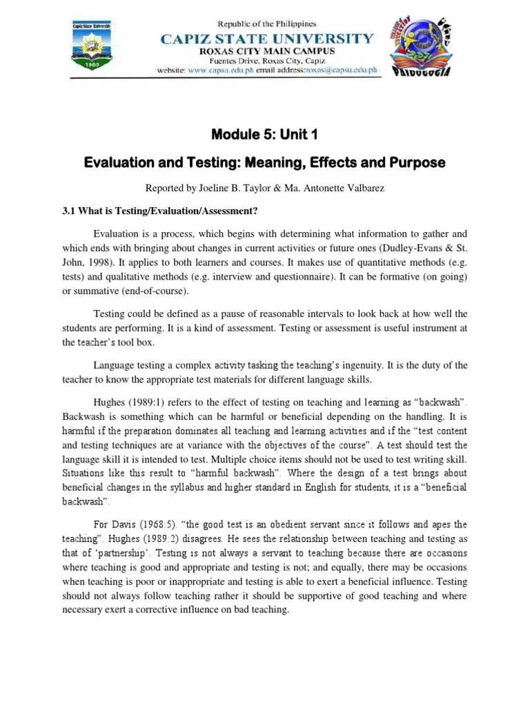 Module 5: Unit 1 Evaluation And Testing: Meaning, Effects And Purpose | PDF | Educational ...