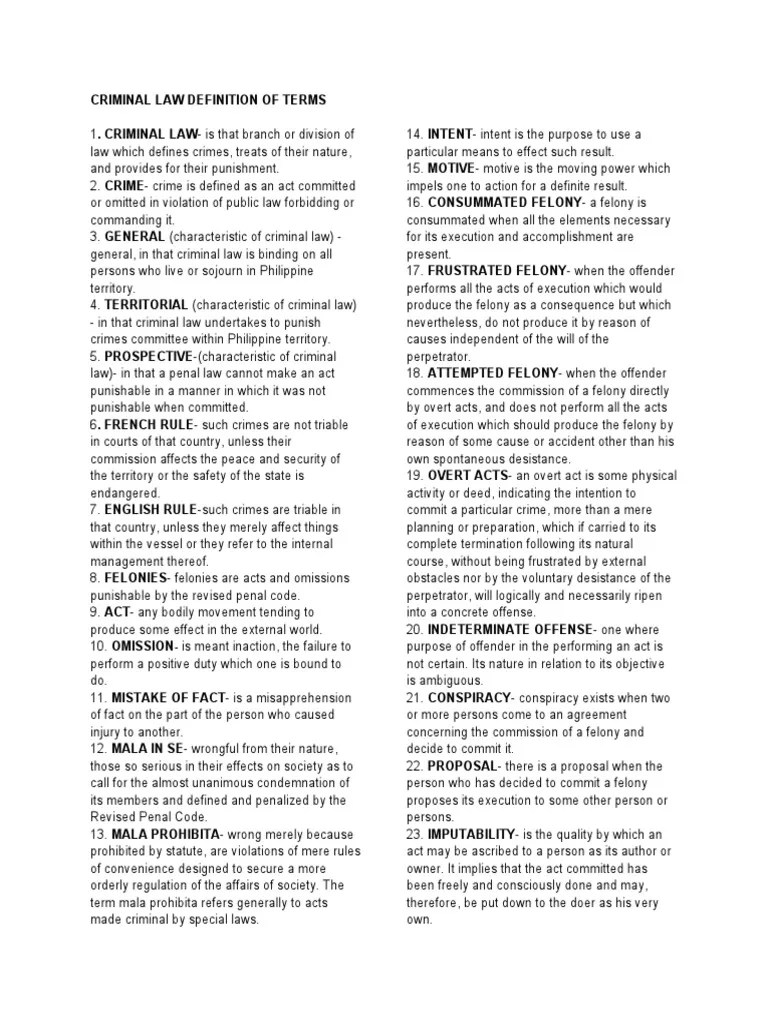 Criminal Law Definition Of Terms | PDF | Evidence (Law) | Crime & Violence