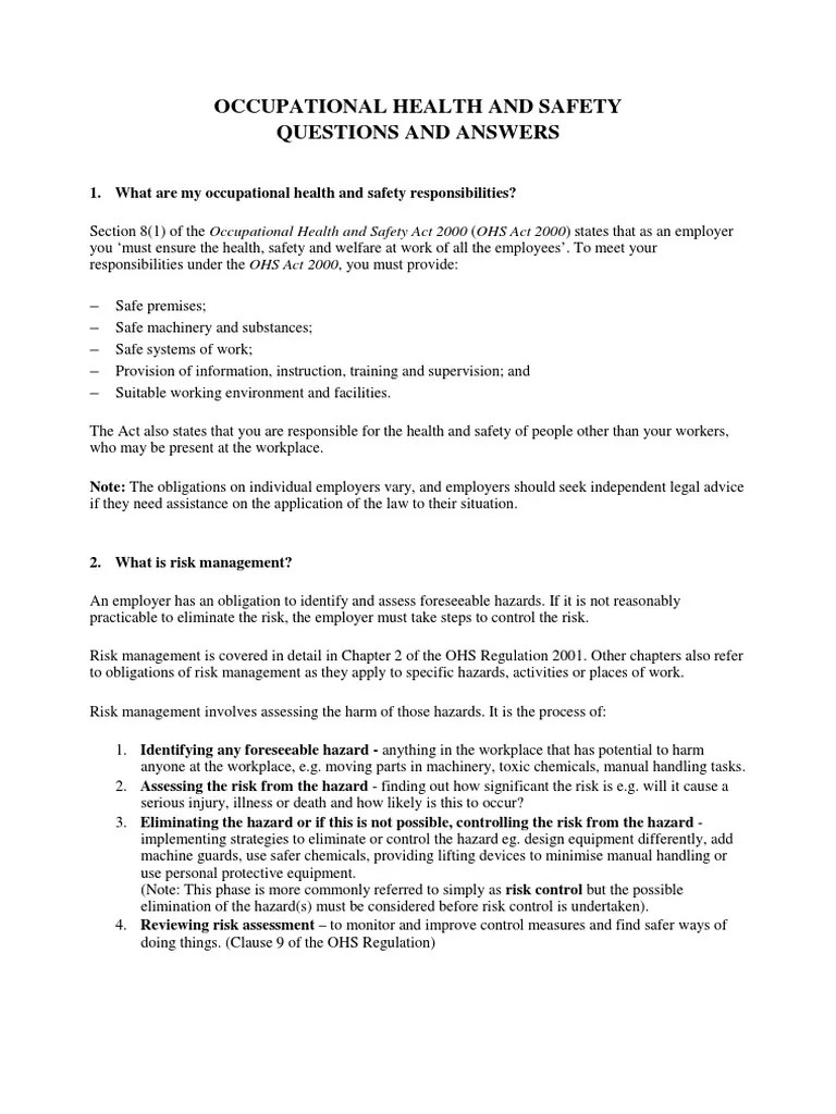 Occupational Health And Safety Questions And Answers | PDF ...