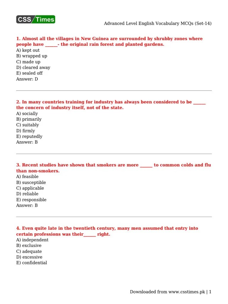 Advanced Level English Vocabulary MCQs (Set-14) | PDF | English Language