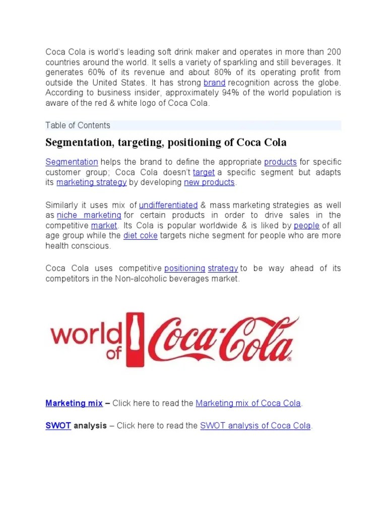 Segmentation, Targeting, Positioning Of Coca Cola: Brand | Download Free PDF | Brand | Marketing