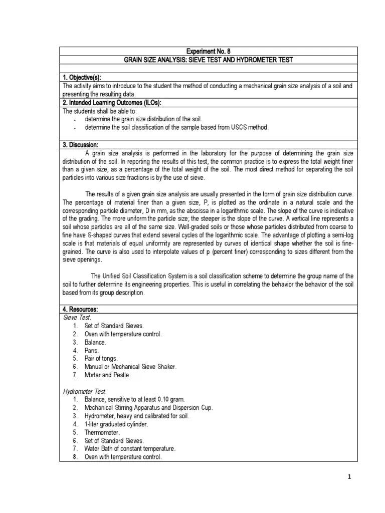 Laboratory Report 2.1 Grain Size Analysis Sieve Test And Hydrometer ...