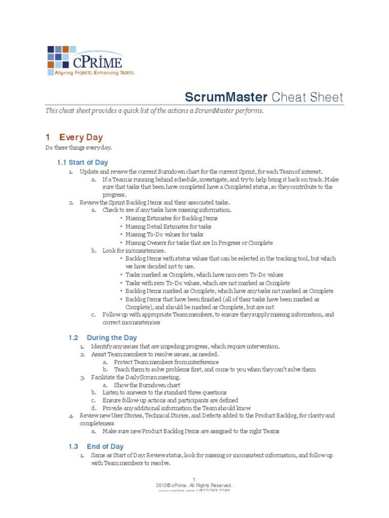 Scrummaster Cheat Sheet: 1 Every Day | PDF | Scrum (Software ...