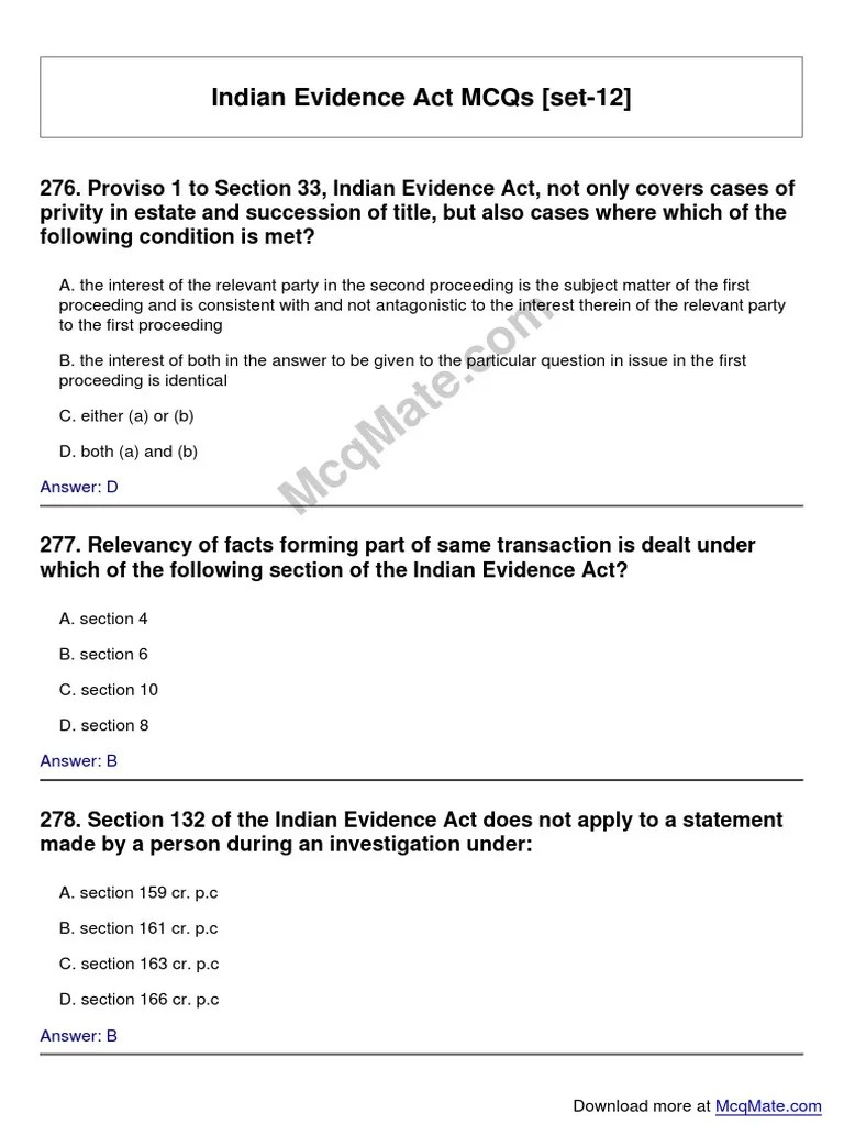Indian Evidence Act Solved MCQs | PDF | Damages | Evidence