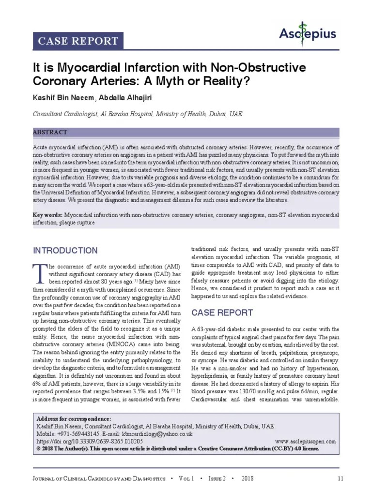 It Is Myocardial Infarction With Non-Obstructive Coronary Arteries: A Myth Or Reality? | PDF ...