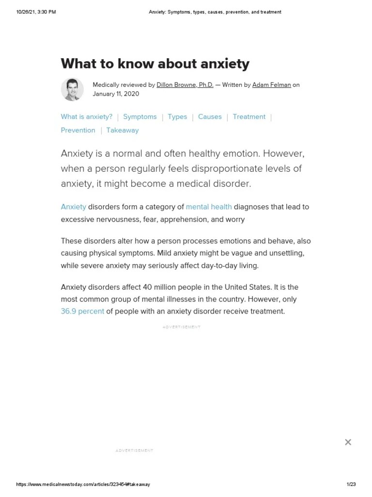 Anxiety - Symptoms, Types, Causes, Prevention, And Treatment | PDF | Anxiety Disorder | Mental ...