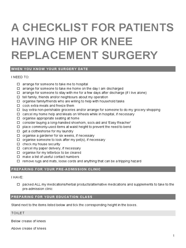 Checklist Patients Having Hip Knee Replacement Surgery | PDF | Medicine | Health Care