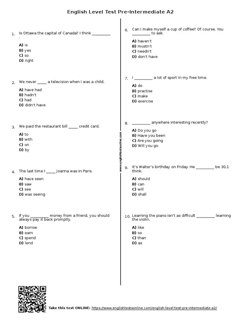 English Level Test Pre Intermediate A2 | PDF