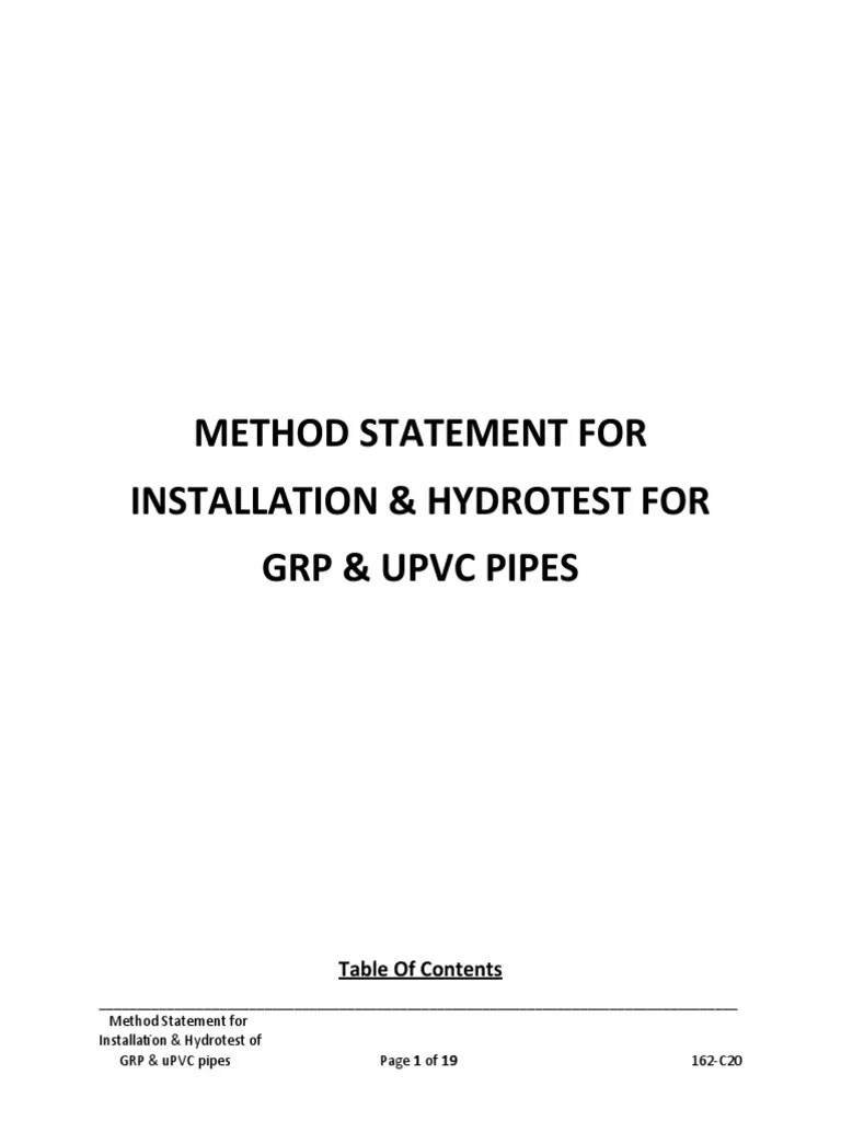 Method Statement For Installation & Hydrotest Of GRP & Upvc Pipes | PDF ...