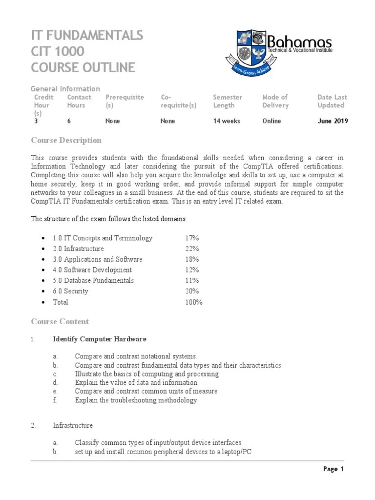 IT Fundamentals Course Syllabus (CIT 1000 IT Fundamentals) (Rev) (Septembe 1 2019) | PDF ...