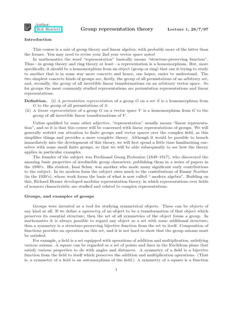 An Introduction To Linear Representations Of Groups, With Examples Of ...