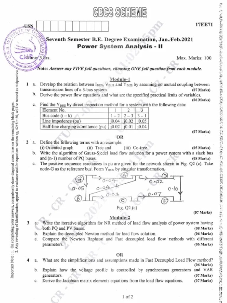 VTU Question Paper Of 17EE71 Power System Analysis-II Jan-2021 | PDF